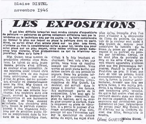 Guiette René sous le pseudonyme de Distel Blaise, Les expositions, in. La Métropole, novembre 1946
